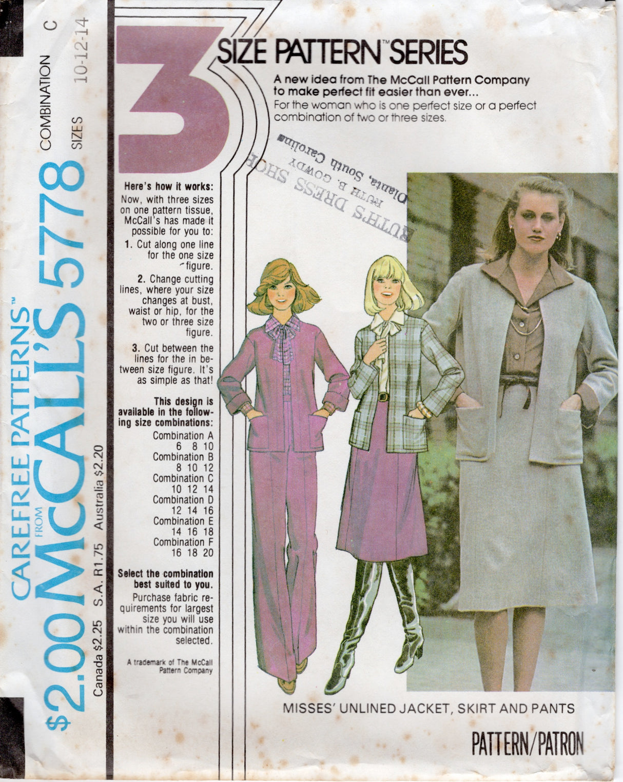 1970's McCall's Unlined Jacket and Straight Line Skirt and Pants pattern - Bust 30.5-36" - No. 5778