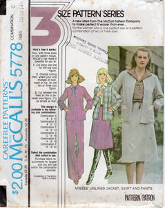 1970's McCall's Unlined Jacket and Straight Line Skirt and Pants pattern - Bust 30.5-42" - No. 5778