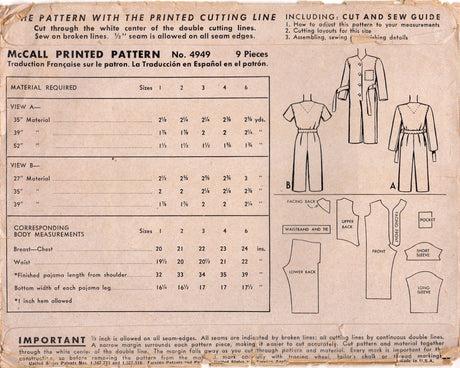 1940's McCall Child's One Piece Pajamas - Sz 4 - Chest 23" - No. 4949