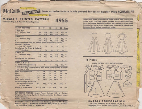 1950's McCall’s Shirtwaist or Notched Bodice Dress pattern- Bust 32” - No. 4955