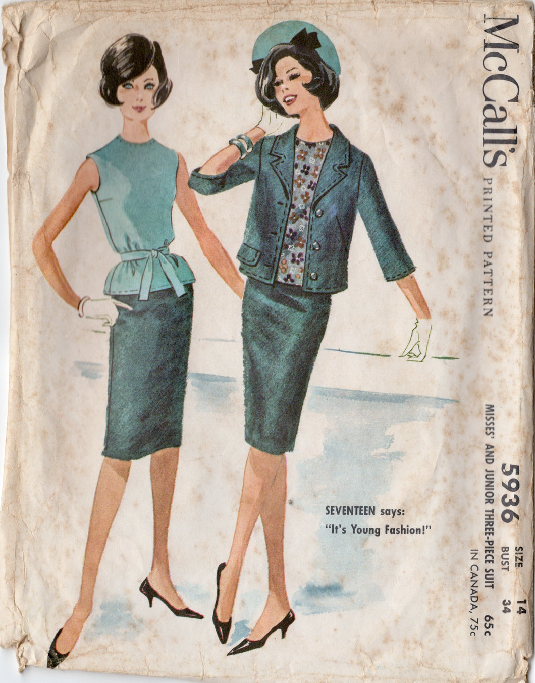 1960's McCall's Three Piece Suit Blouse, Skirt and Jacket Pattern - Bust 34
