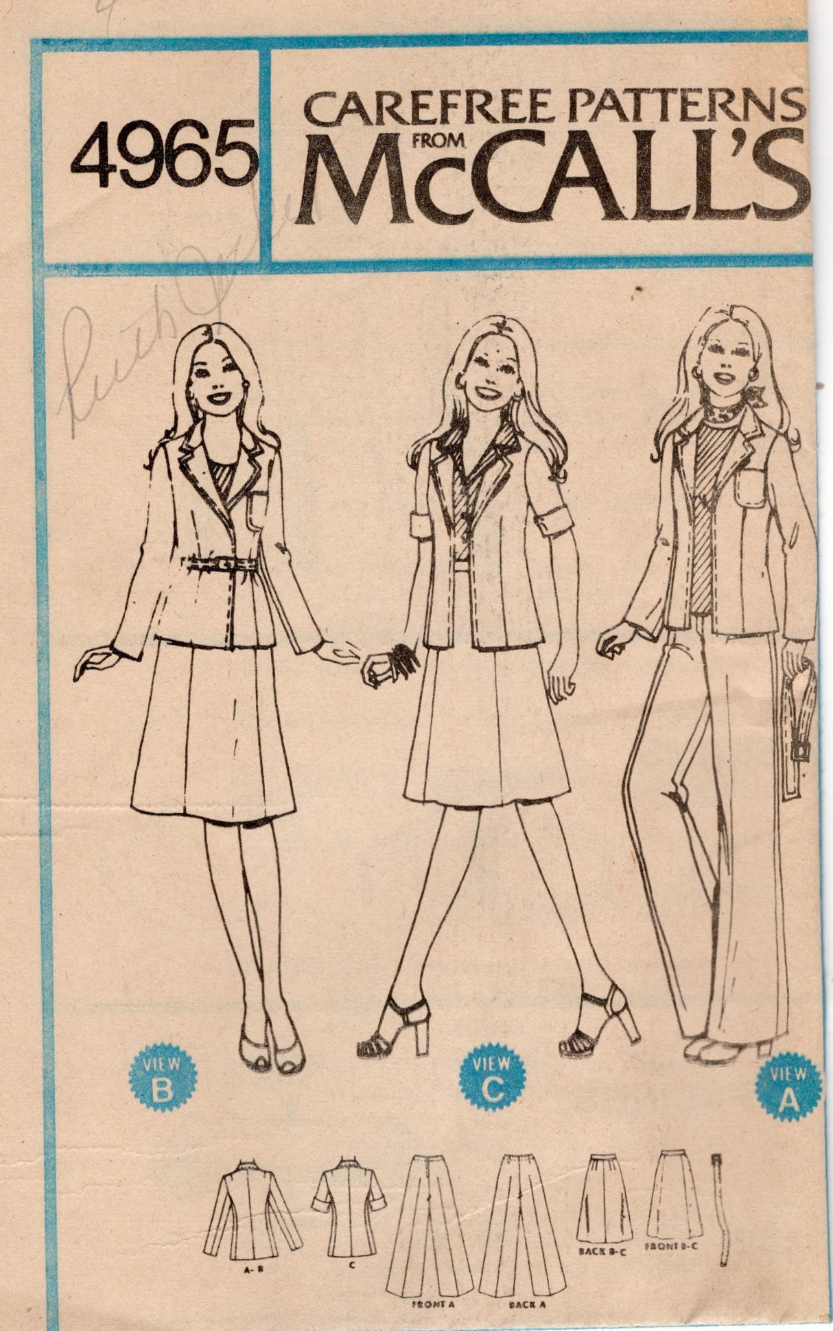 1970's McCall's Unlined Jacket, Skirt and Pants pattern  - Bust 46" - No. 4965