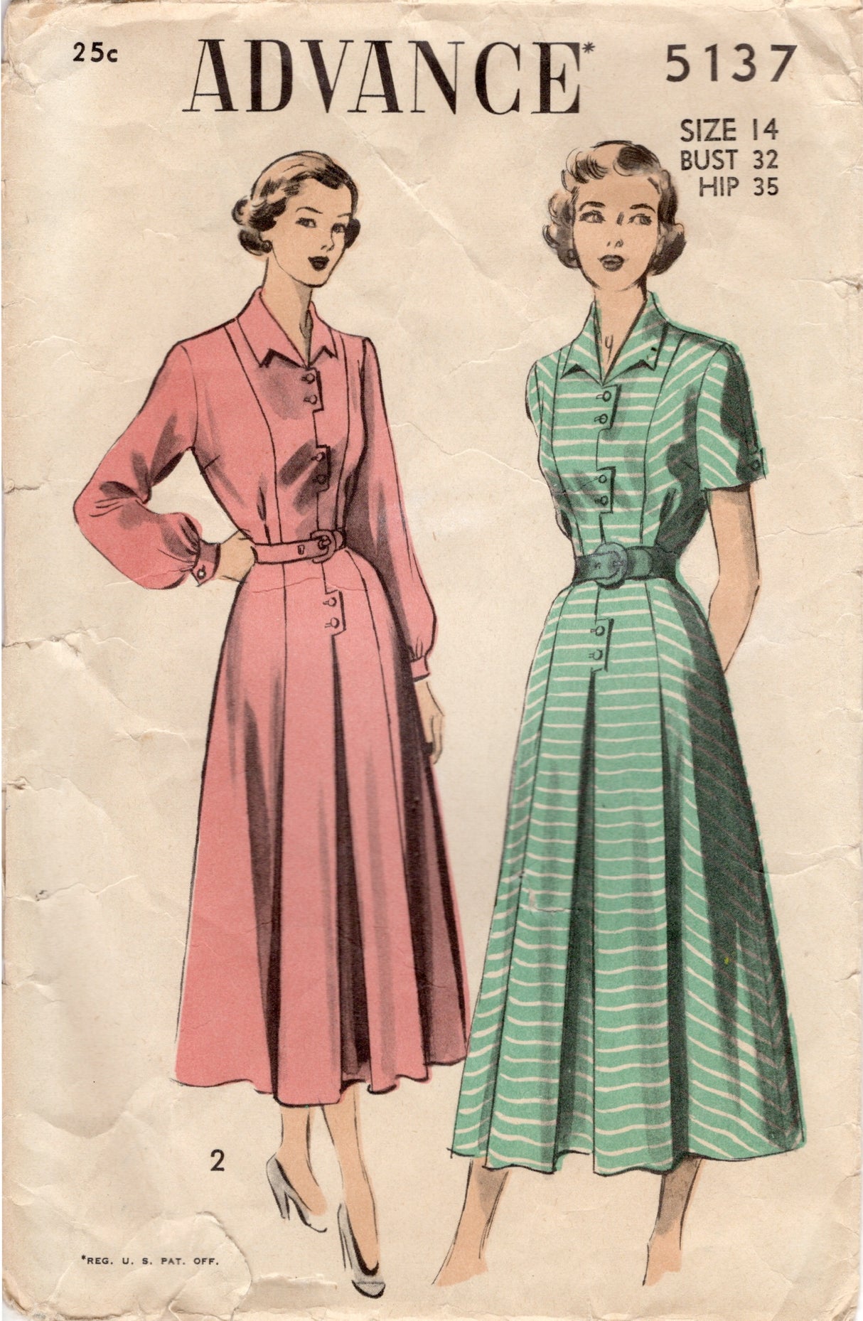 1940's Advance Shirtwaist Dress with Detailed Button Placket Pattern - Bust 32" - No. 5137