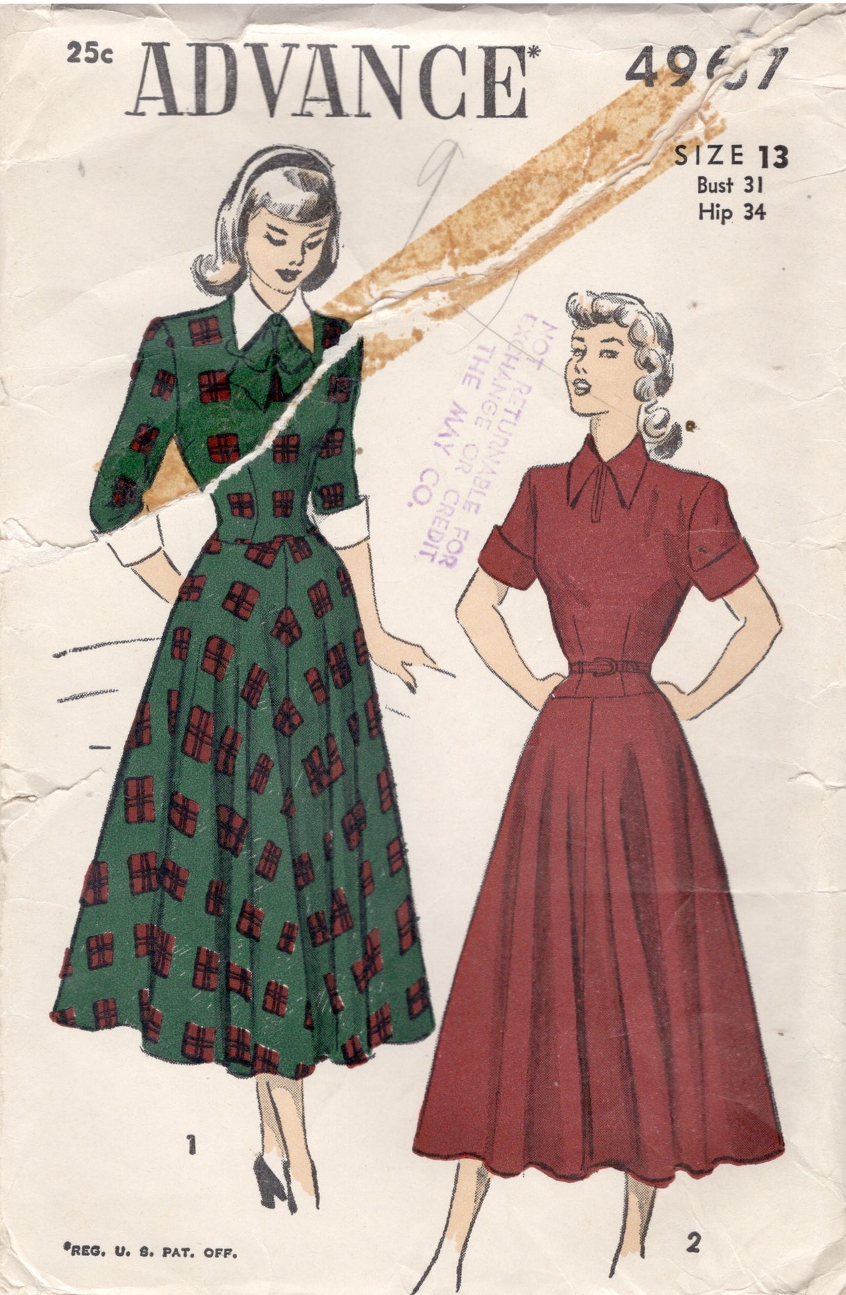 1940's Advance Drop Waist Dress Pattern with Short or Elbow Length Sleeves - Bust 31" - No. 4967