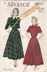 1940's Advance Drop Waist Dress Pattern with Short or Elbow Length Sleeves - Bust 31" - No. 4967