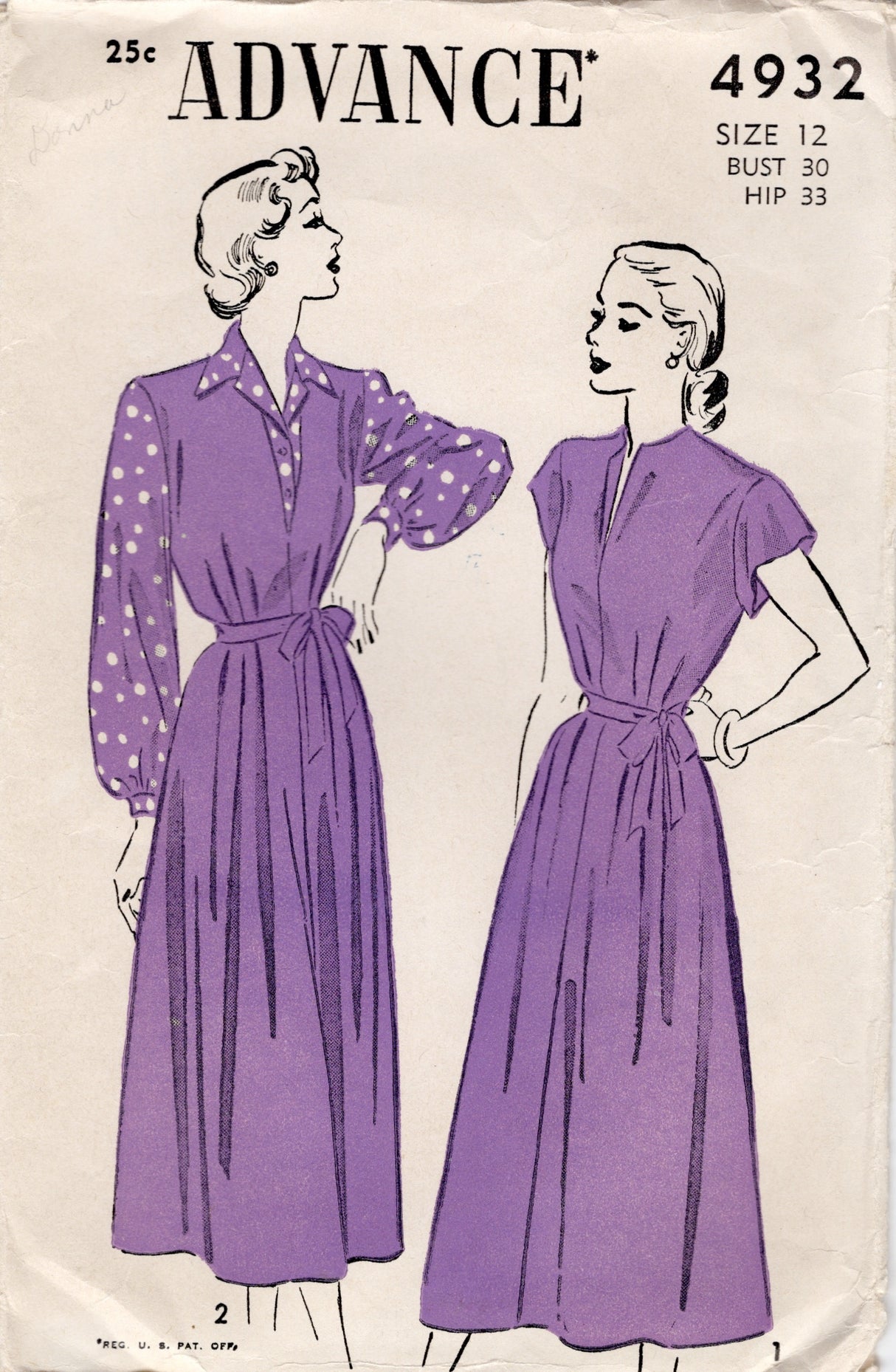 1940's Advance Maternity Dress with Cap sleeves and Button Up Blouse Pattern - Bust 30" - No. 4932