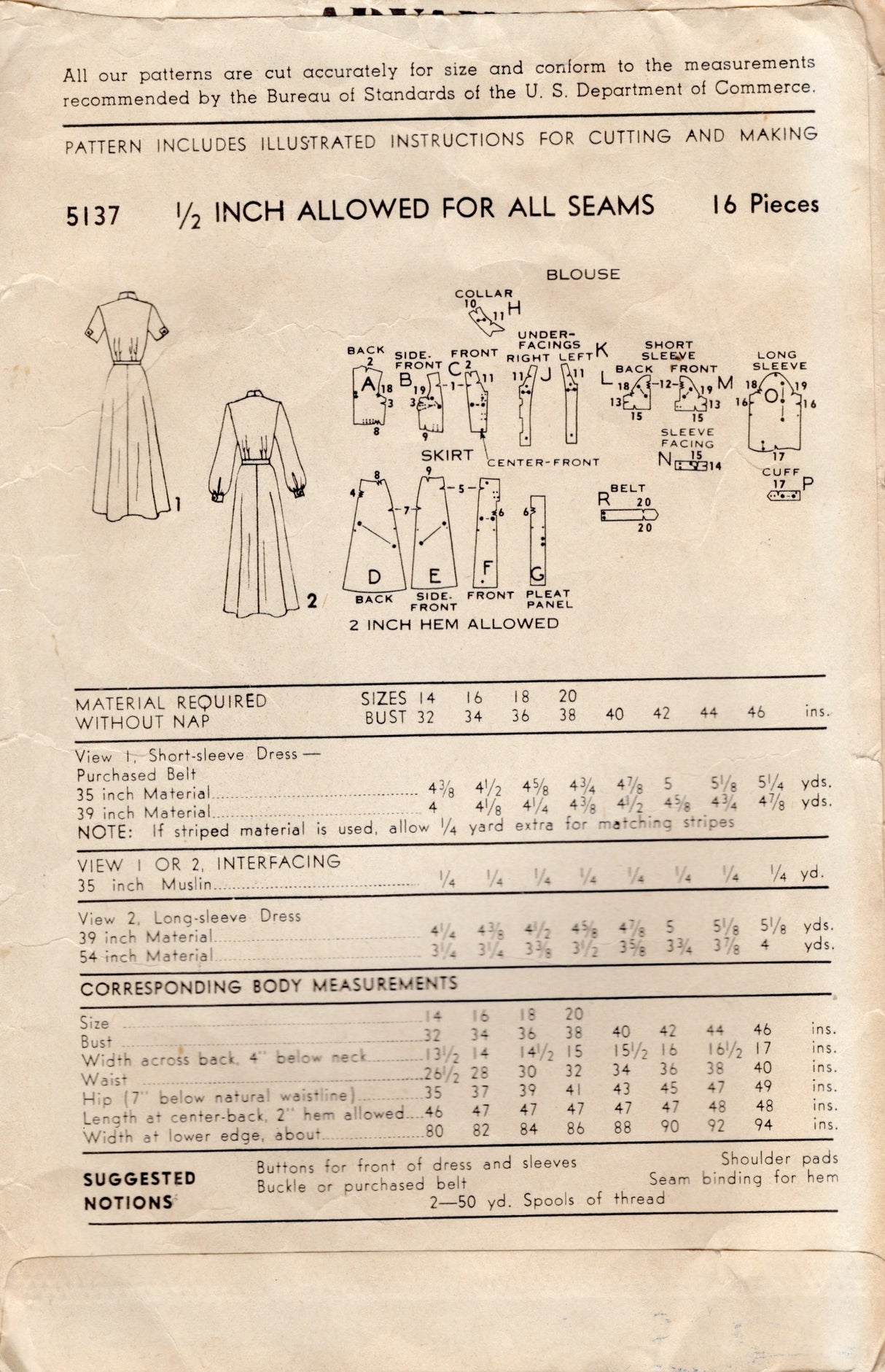 1940's Advance Shirtwaist Dress with Detailed Button Placket Pattern - Bust 32" - No. 5137
