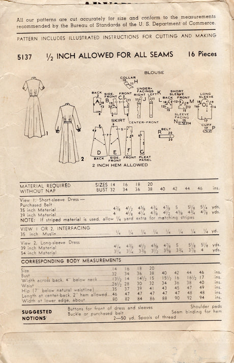 1940's Advance Shirtwaist Dress with Detailed Button Placket Pattern - Bust 32" - No. 5137
