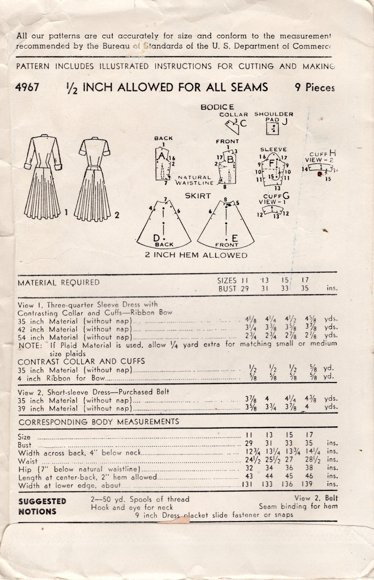 1940's Advance Drop Waist Dress Pattern with Short or Elbow Length Sleeves - Bust 31" - No. 4967