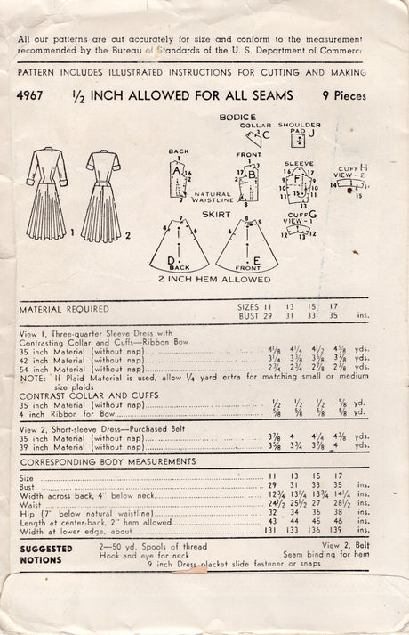 1940's Advance Drop Waist Dress Pattern with Short or Elbow Length Sleeves - Bust 31" - No. 4967