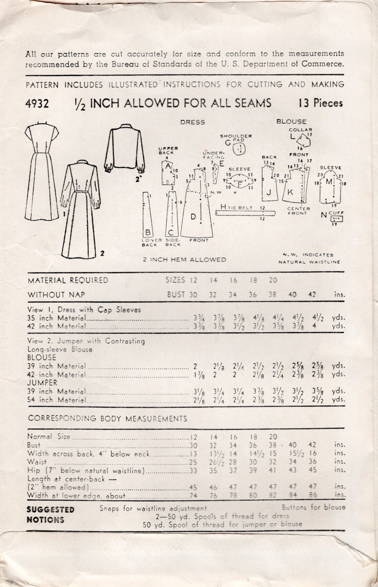 1940's Advance Maternity Dress with Cap sleeves and Button Up Blouse Pattern - Bust 30" - No. 4932