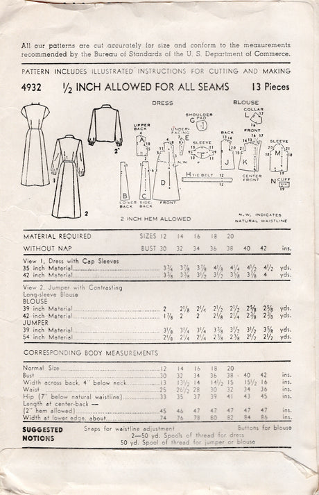 1940's Advance Maternity Dress with Cap sleeves and Button Up Blouse Pattern - Bust 30" - No. 4932