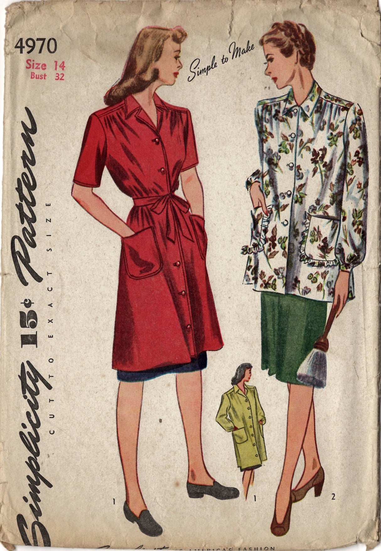 1940's Simplicity Smock Pattern in two lengths with Patch Pockets - Bust 32" - No. 4970