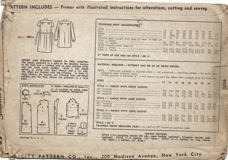 1940's Simplicity Smock Pattern in two lengths with Patch Pockets - Bust 32" - No. 4970