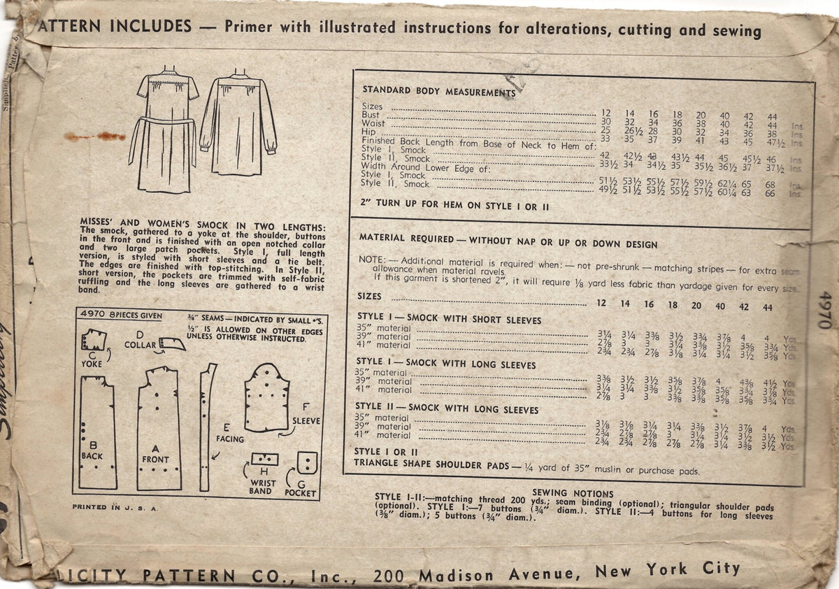 1940's Simplicity Smock Pattern in two lengths with Patch Pockets - Bu ...