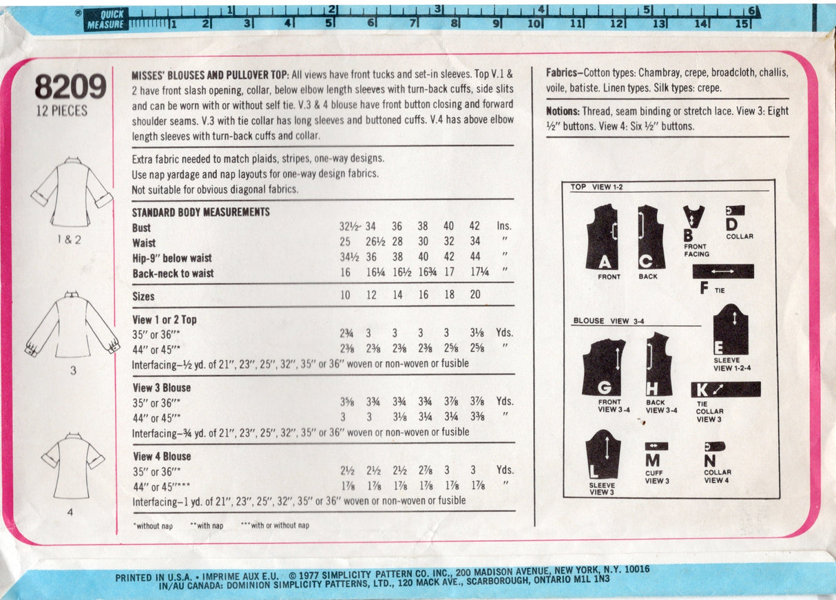 1970's Simplicity Pin Tucked Blouse Pattern with Pussy Bow - Bust 38" - No. 8209