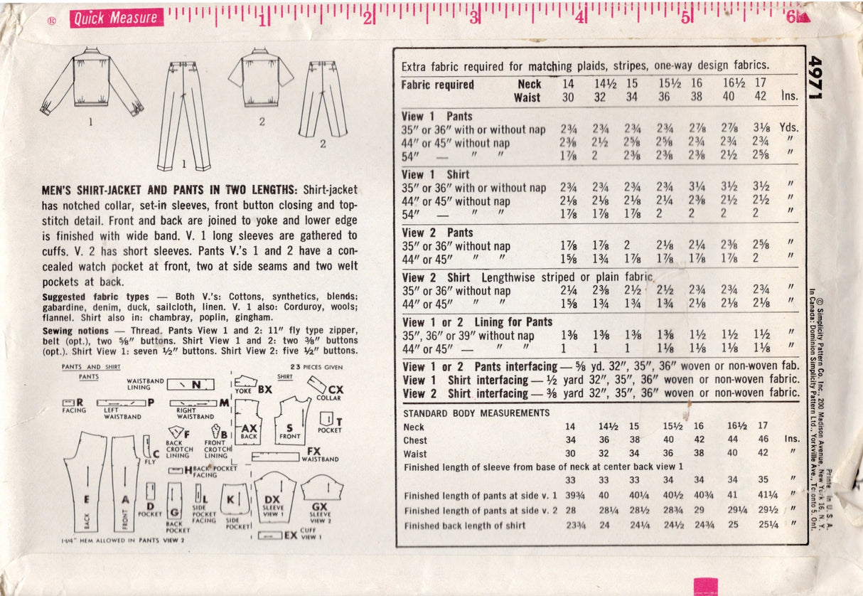1960's Simplicity Men's Shirt-Jacket and Pants Pattern - Chest 42" - No. 4971