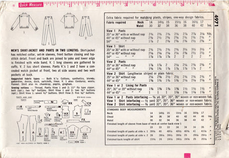1960's Simplicity Men's Shirt-Jacket and Pants Pattern - Chest 42" - No. 4971