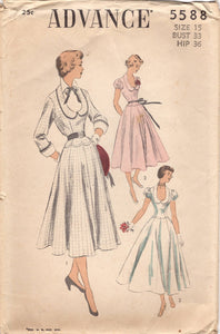 1950's Advance One Piece Dress Pattern with Scallop Details, Scoop Neckline and Puff or 3/4 Sleeves - Bust 33" - No. 5588