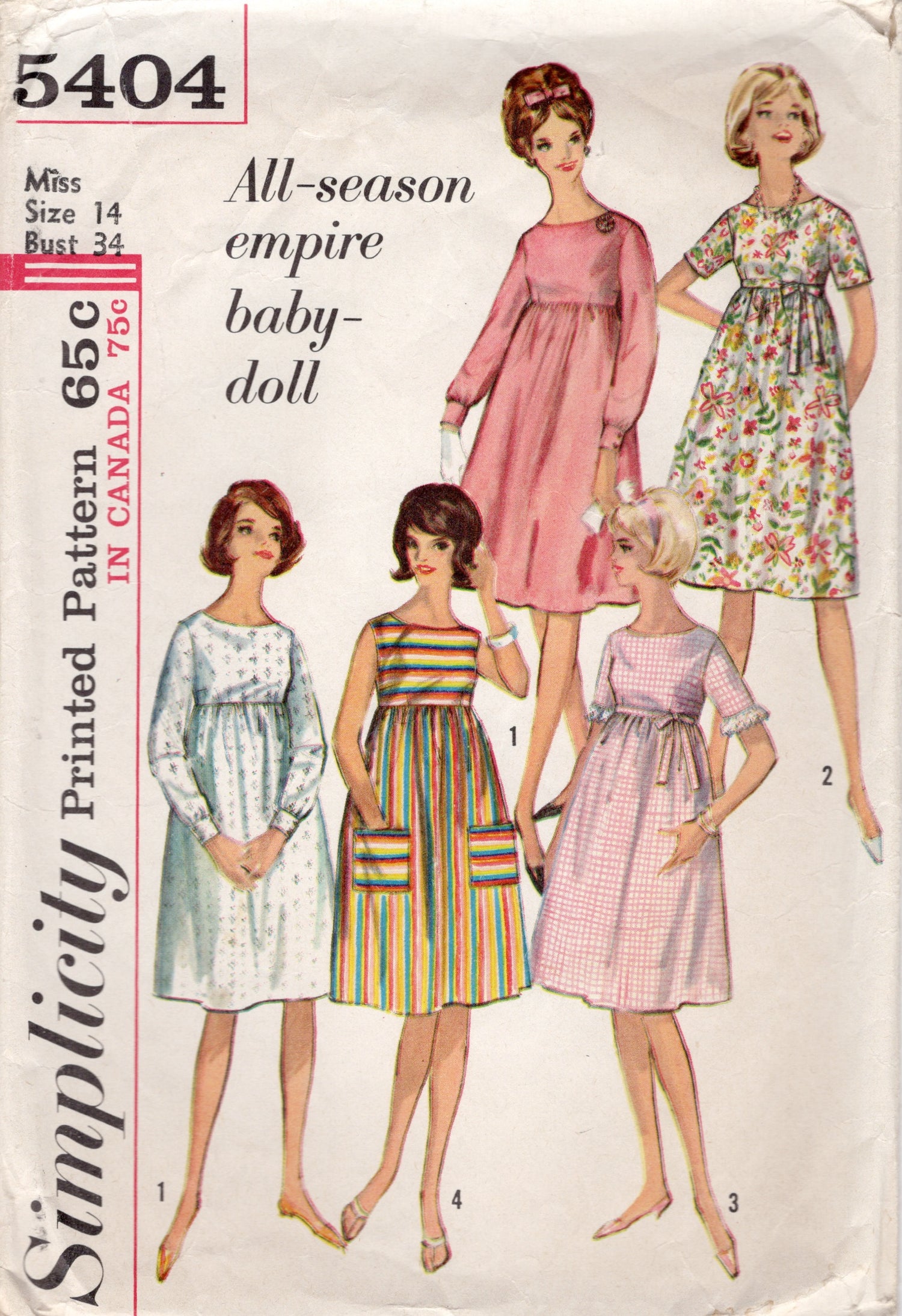 1960's Simplicity Empire Waist Baby Doll Dress Pattern - Bust 34" - No. 5404 1960's Simplicity Empire Waist Baby Doll Dress Pattern - Bust 34" - No. 5404