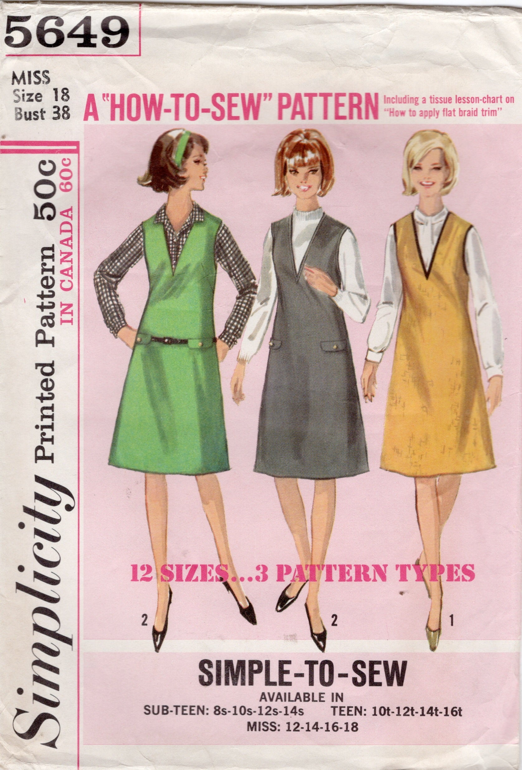 1960's Simplicity V-neck Jumper Dress Pattern - Bust 38