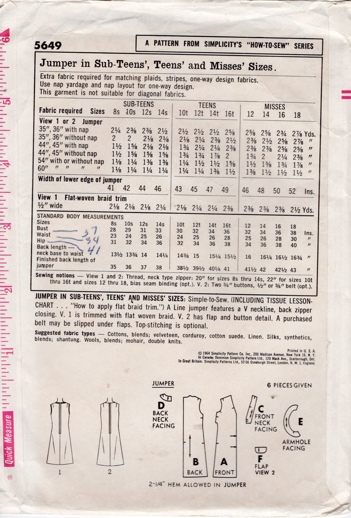1960's Simplicity V-neck Jumper Dress Pattern - Bust 38" - No. 5649