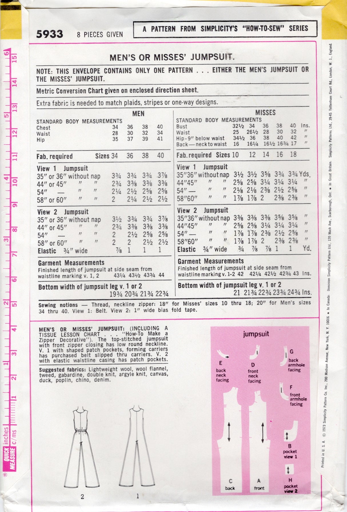 1970's Simplicity Zip Front Jumpsuit Pattern with Cinched Waist - Chest 36" - No. 5933