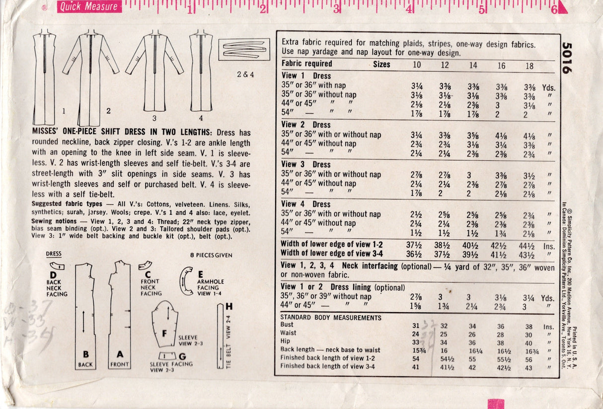 1960's Simplicity Shift Dress Pattern in Two Lengths - Bust 32" - No. 5016