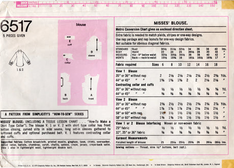 1970's Simplicity Button Up Blouse Pattern - Bust 40" - No. 6517