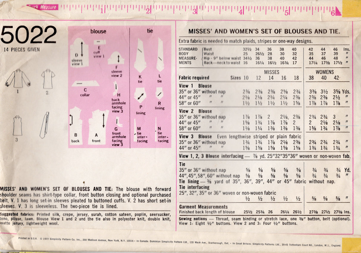 1970's Simplicity Button Up Blouse and Tie Pattern - Bust 42" - No. 5022