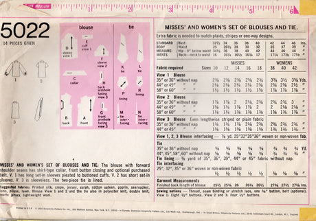 1970's Simplicity Button Up Blouse and Tie Pattern - Bust 42" - No. 5022