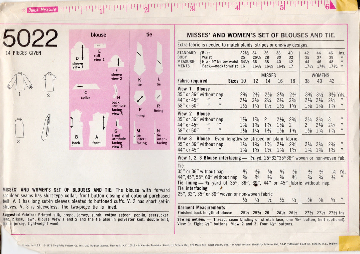 1970's Simplicity Button Up Blouse Pattern - Bust 40" - No. 5022