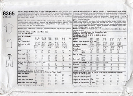 1990's Simplicity Button Up Shirt, Tank Top, Pants or Shorts Pattern - Bust 30.5-38" - No. 8365