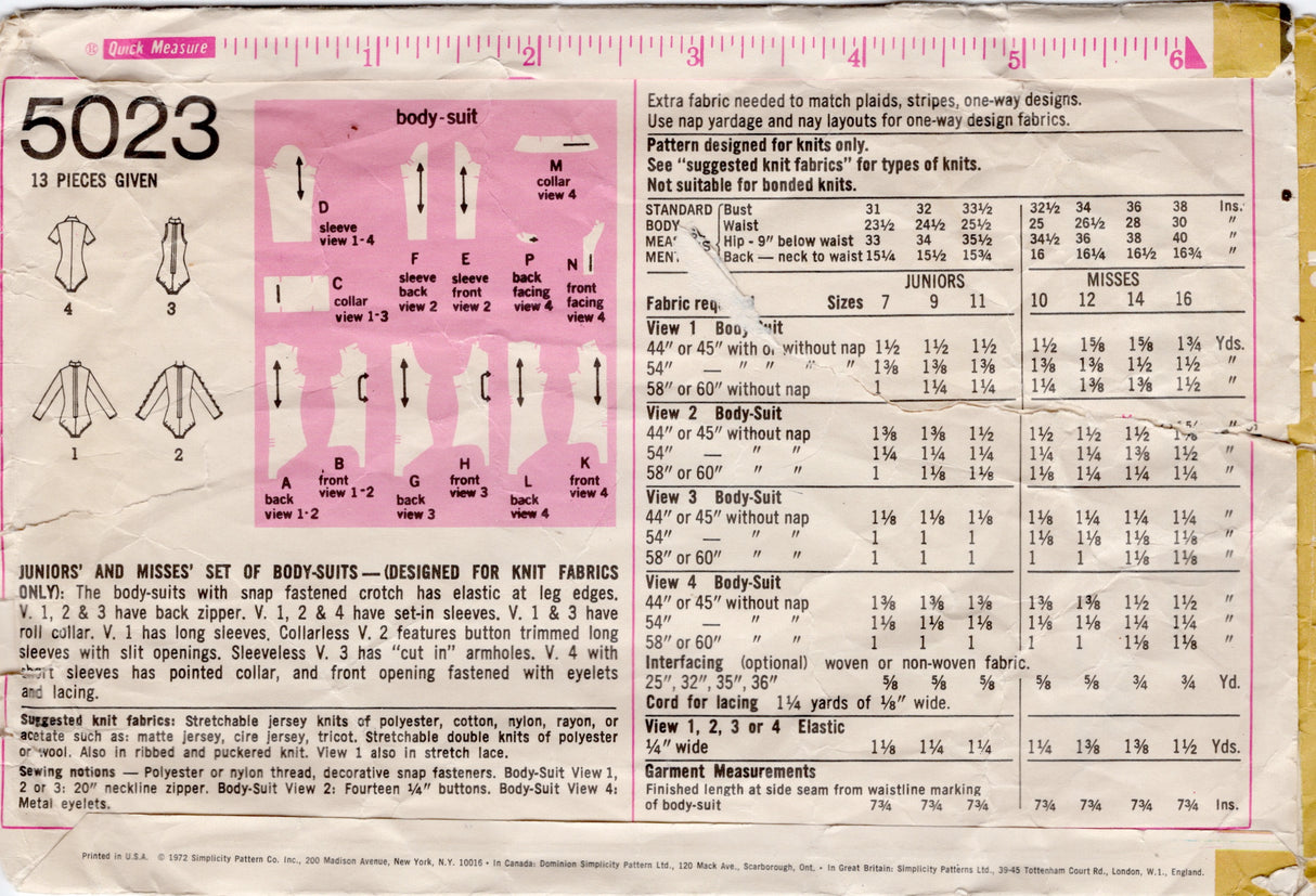 1970's Simplicity Set of Four Bodysuits with or without sleeves - Bust 36" - No. 5023