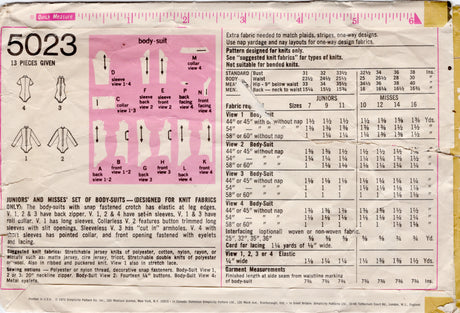 1970's Simplicity Set of Four Bodysuits with or without sleeves - Bust 36" - No. 5023