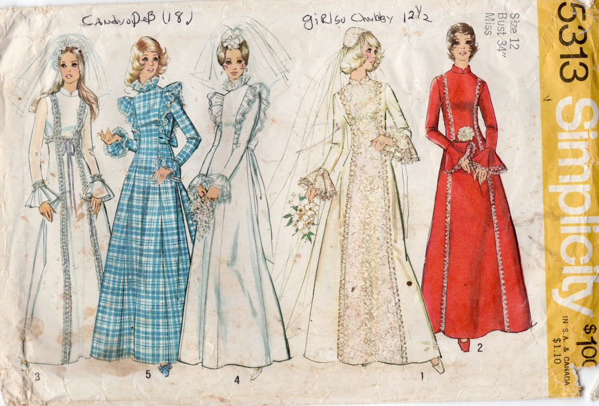 1970's Simplicity Princess Line Wedding Dress Pattern - Bust 34-40" - No. 5313