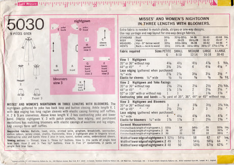 1970's Simplicity Short, Midi or Long Nightgown and Bloomers Pattern - Bust 38-40"- No. 5030