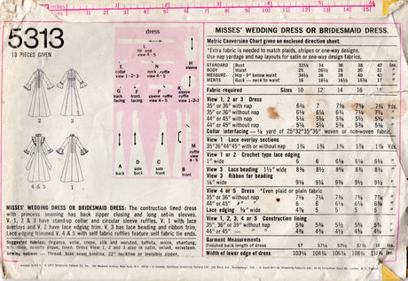 1970's Simplicity Princess Line Wedding Dress Pattern - Bust 34-40" - No. 5313