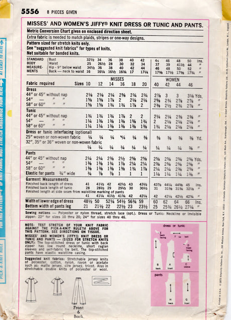 1970's Simplicity Midi Dress or Tunic and Pants JIFFY Pattern - Bust 44-46" - No. 5556