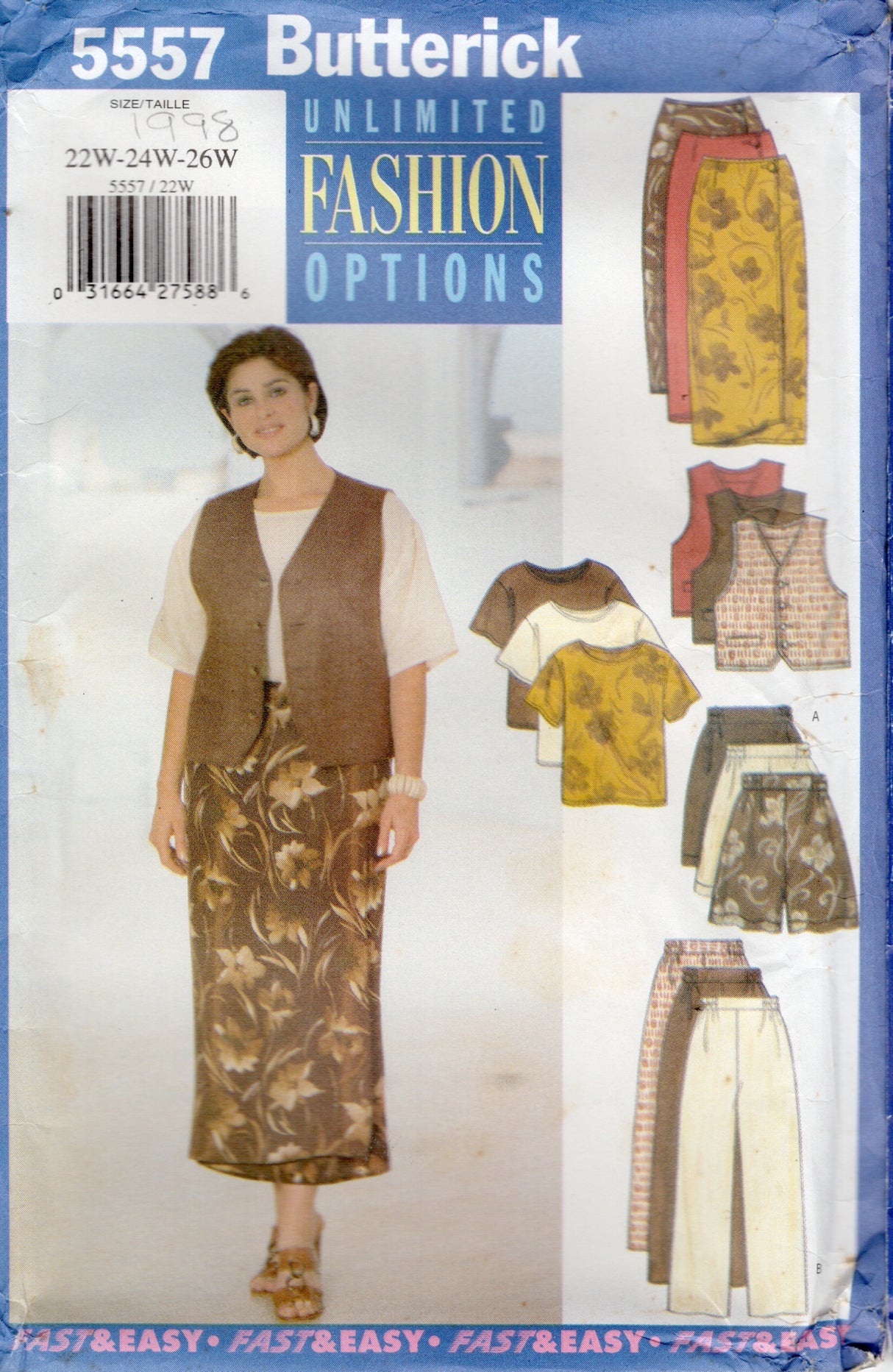 1990's Butterick Vest, Pullover Shirt, Shorts, Pants and Straight Skirt Pattern - Bust 44-48" - No. 5557