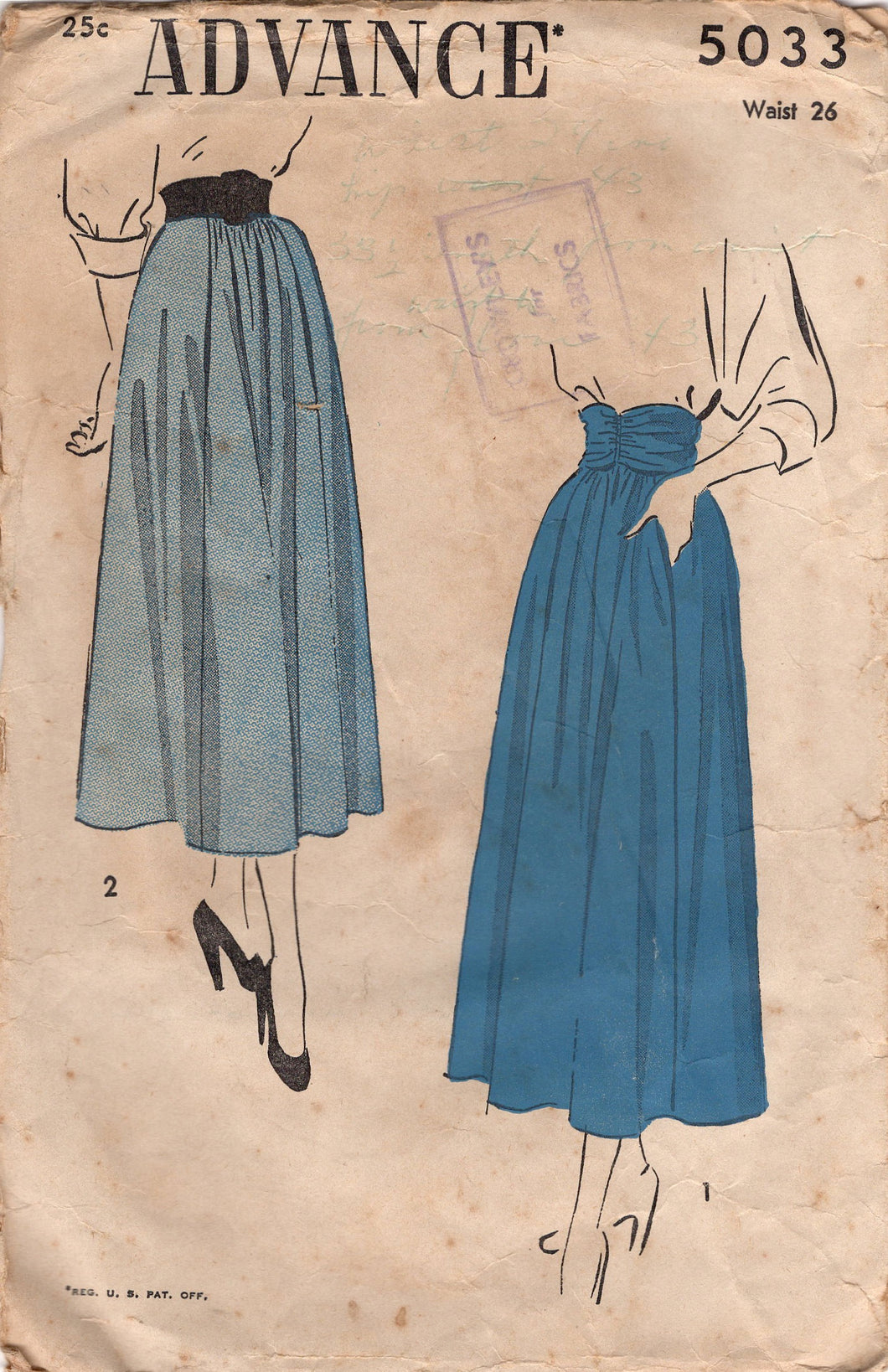 1940's Advance Gathered Skirt and Cummerbund Pattern - Waist 26
