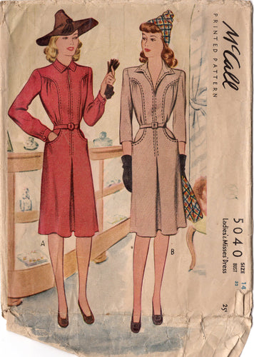 1940's McCall's One Piece Dress with Flat Front and Gathered side panels with Inset Pockets - Bust 32