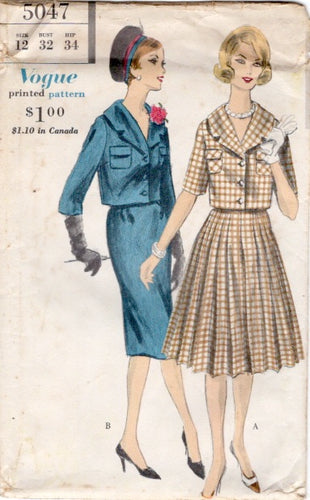 1960's Vogue Two Piece Dress Pattern with Boxy Jacket and Slim or Pleated Skirt - Bust 32