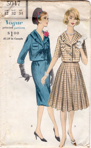1960's Vogue Two Piece Dress Pattern with Boxy Jacket and Slim or Pleated Skirt - Bust 32" - No. 5047