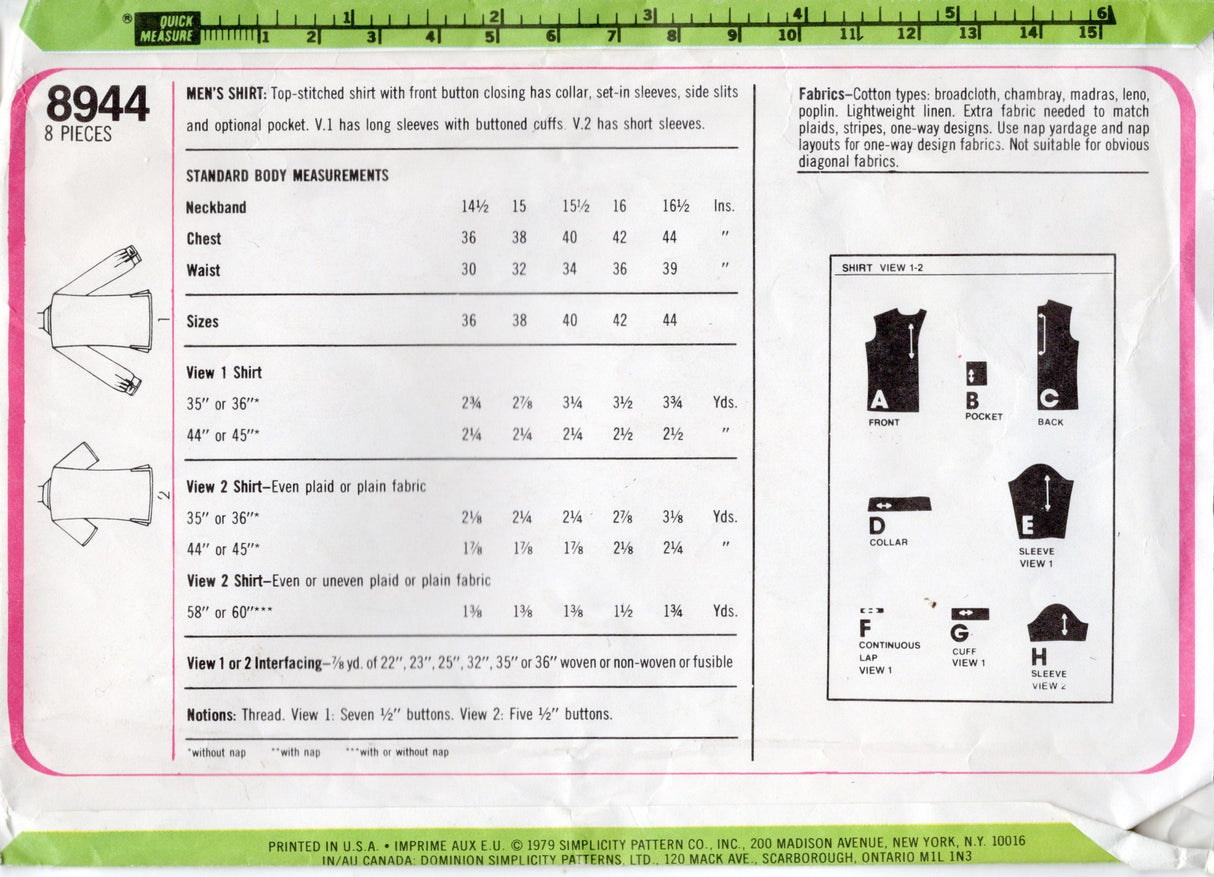 1970's Simplicity Men's Button Up Shirt Pattern - Chest 44" - No. 8944