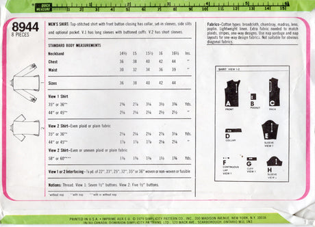 1970's Simplicity Men's Button Up Shirt Pattern - Chest 44" - No. 8944