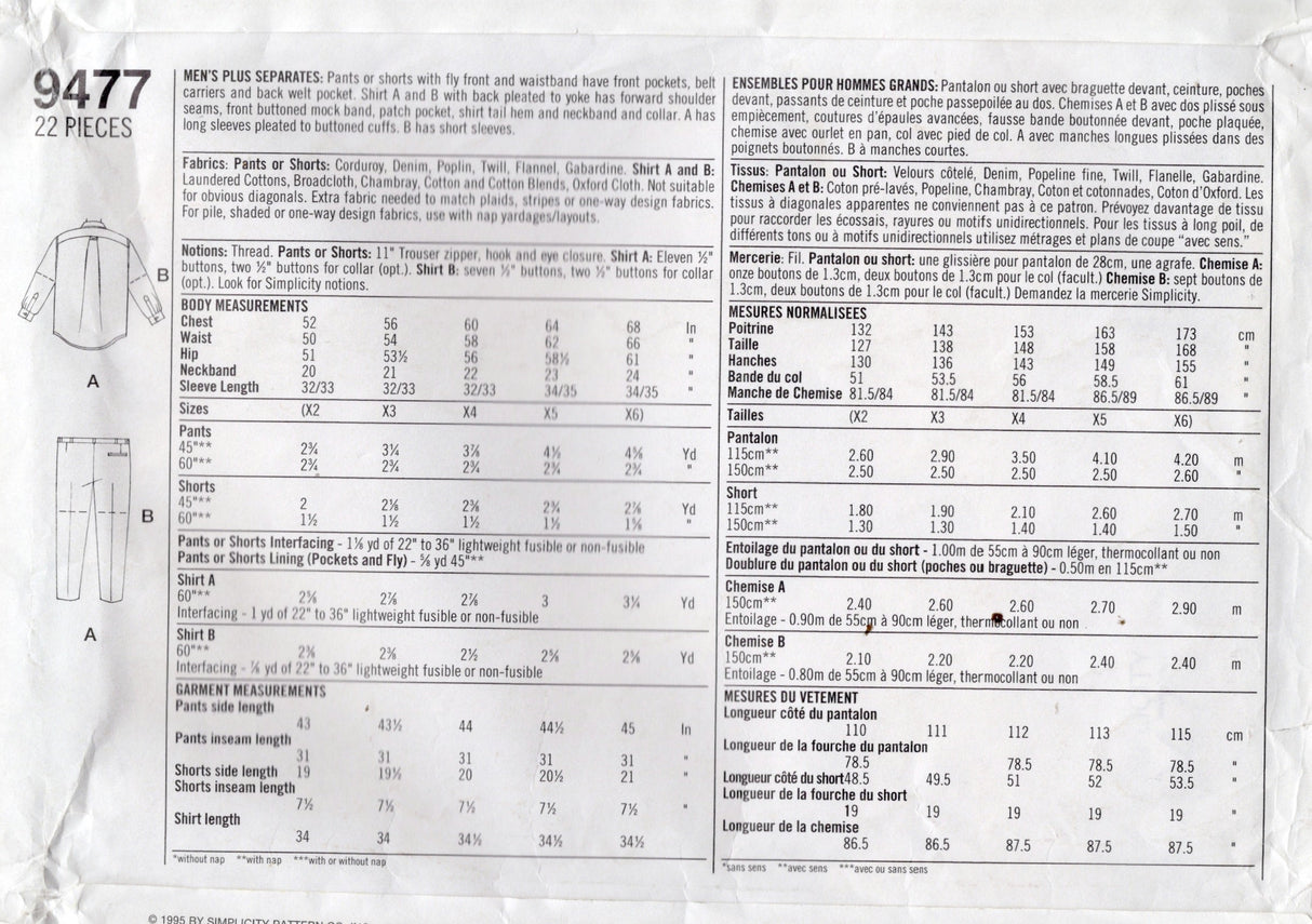 1990's Simplicity Men's Button Up Shirt and Pants or Shorts Pattern - Chest 52-68" - No. 9477