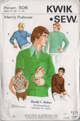 1970's Kwik Sew Men's Pullover Sweater pattern - Chest 34-48