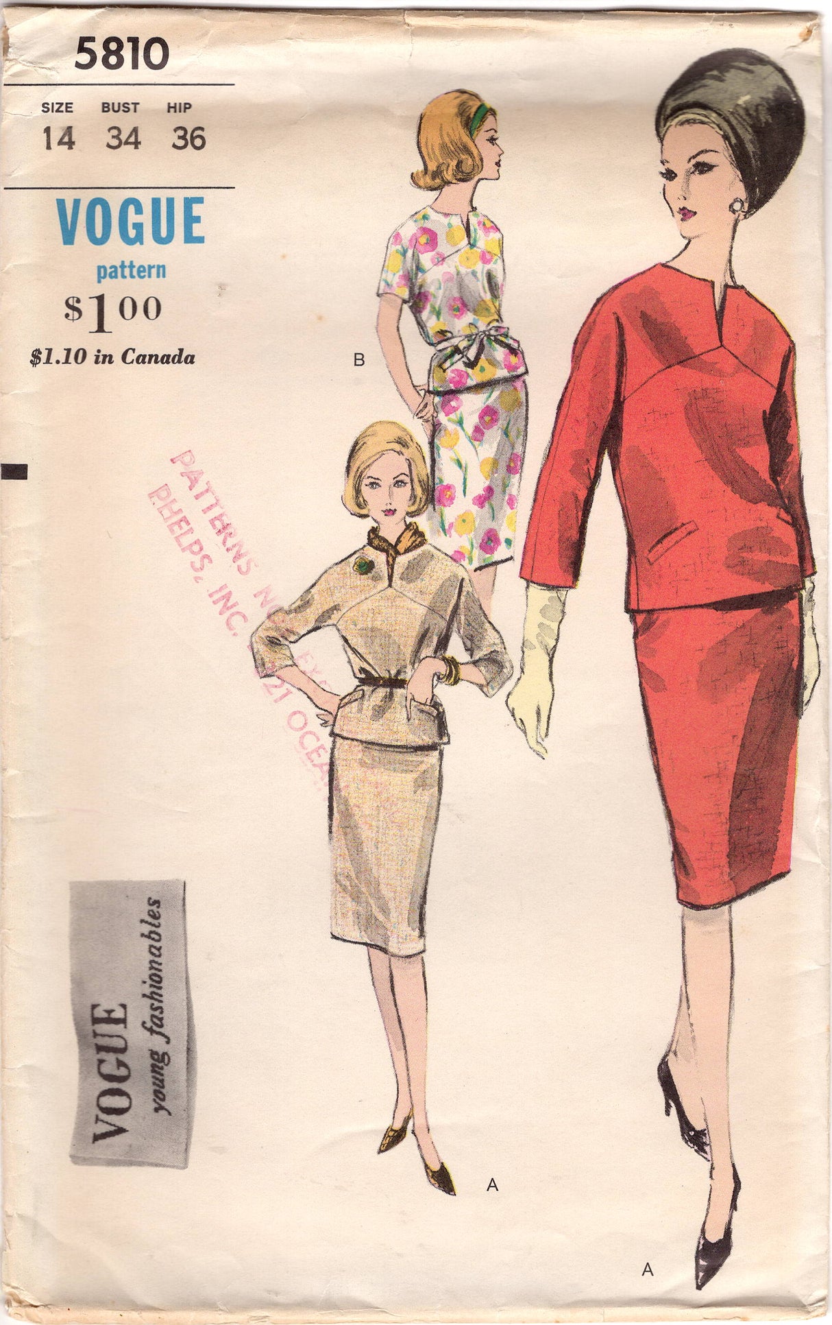 1960's Vogue Young Fashionables Two-Piece Dress Pattern with Yoked Blouse and Pencil Skirt - Bust 34" - No. 5810