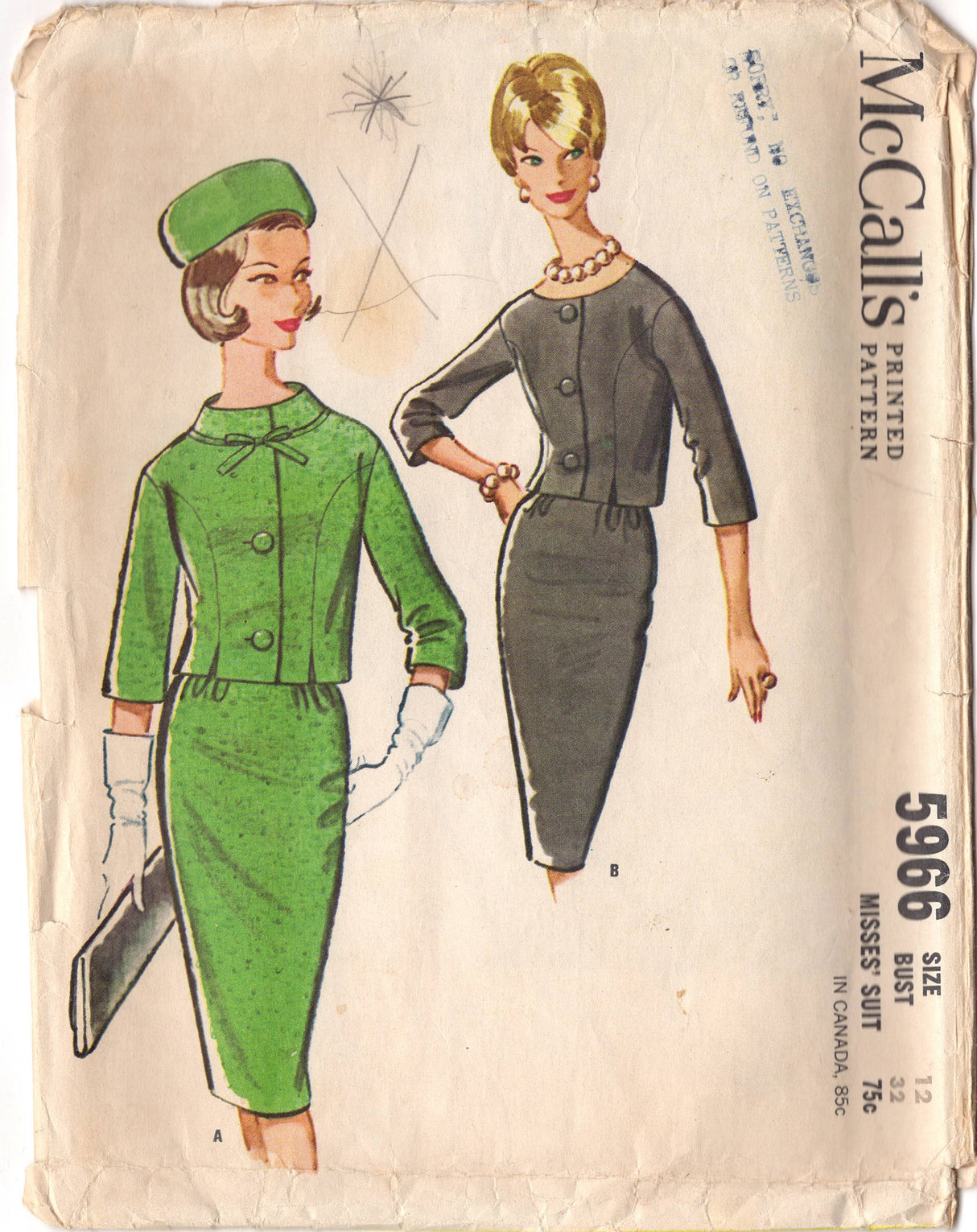 1960's McCall's Two-Piece Skirt Suit with Princess Line Jacket and Jewel Neckline or Rolled Collar - Bust 32" - No. 5966